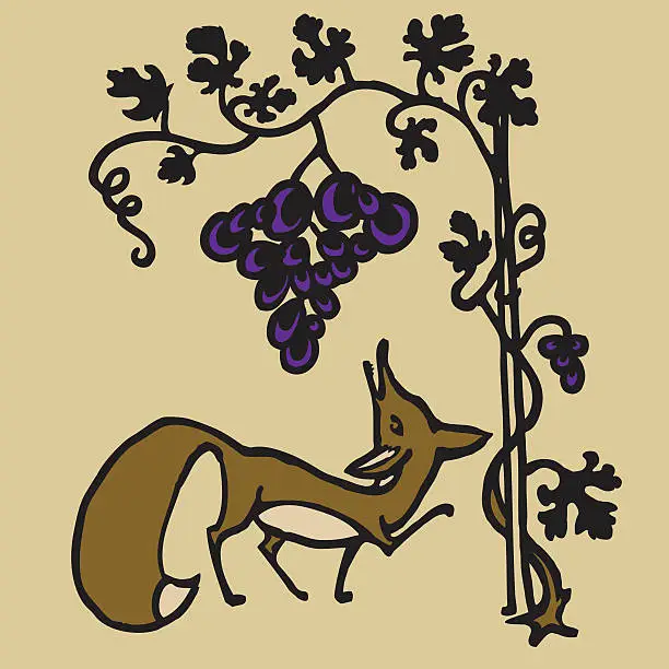 Vector illustration of Fox and grapes