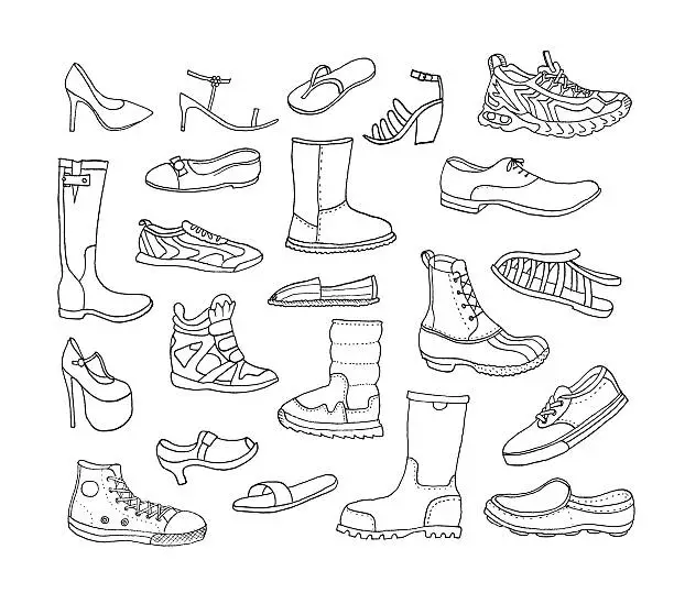 Vector illustration of Fashion collection. Different Hand Drawn Shoes. Vector. Isolated.