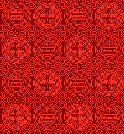 Seamless, oriental pattern with Chinese symbols shou and cai in bright red on a darker red background; representing longevity (shòu 寿), and wealth (cái 財).