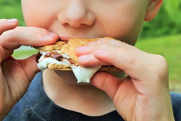 Young boy trying to eat s'mores as it squeezes out between his fingers.
