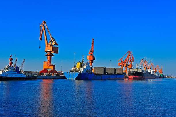 istock Port crane bridge and bulk carrier 526541290