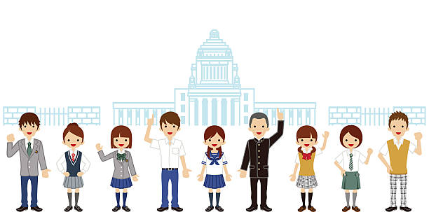 studenci w przód japonii diety budynku - voting election politics little girls stock illustrations