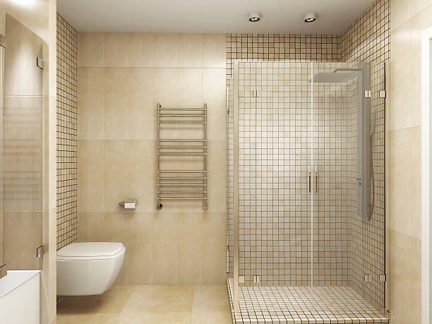 Modern interior of a bathroom 3D rendering stock photo