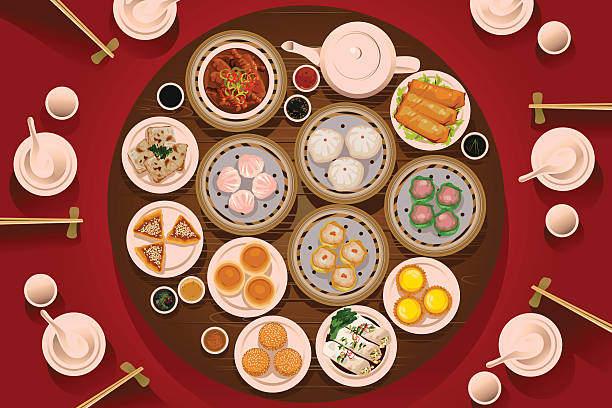 ilustraciones, imágenes clip art, dibujos animados e iconos de stock de alimentos sobre la mesa de dimsum - egg tart