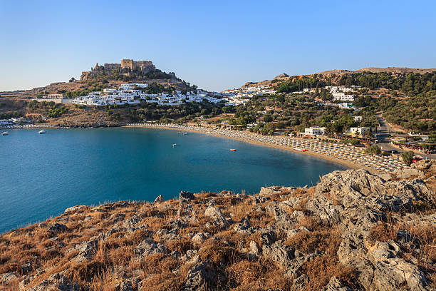 Lindos Castle and village stock photo