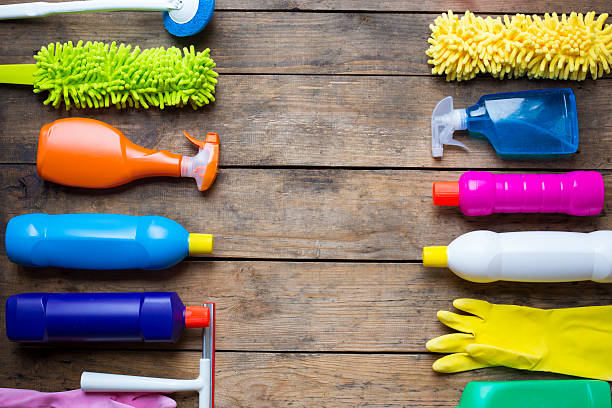 istock House cleaning product on wood table 526544746