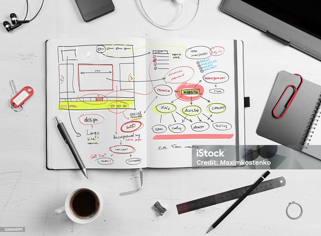 Desarrollador de trabajo. Abierto de bloc de notas con dibujados a mano Web projec - Foto de stock de Desordenado libre de derechos