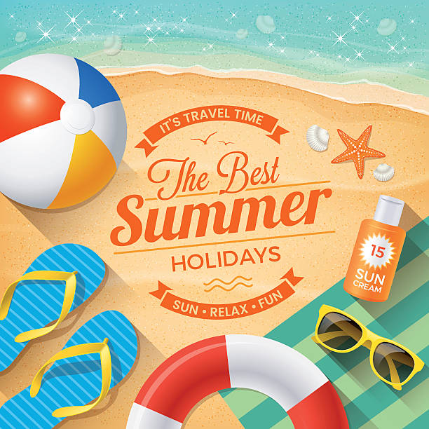 ilustrações de stock, clip art, desenhos animados e ícones de praia verão fundo com acessórios de verão - beach ball beach ball vector