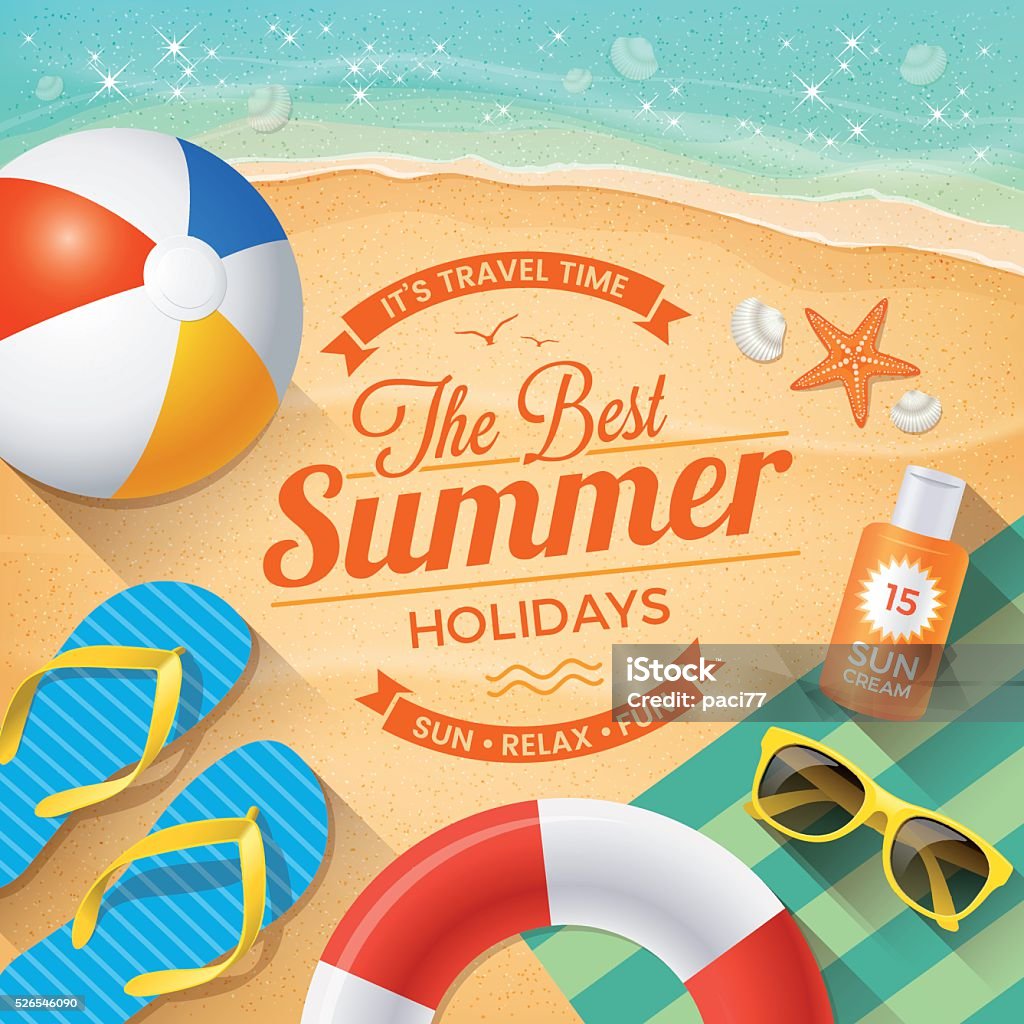 Summer Background with beach summer accessories Summer Background with beach summer accessories and text “The Best Summer Holidays" Beach stock vector