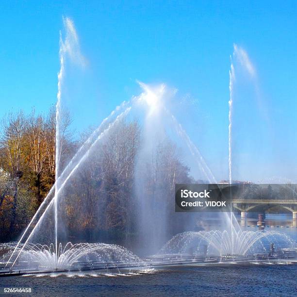Fountain On The River In Vinnytsia Stock Photo - Download Image Now - Architecture, Blue, Bridge - Built Structure