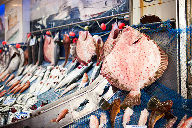 Fish Market In Istanbul Istanbul, Turkey - February 8, 2011: Different type of fish on the stand for sale in a fish market Istanbul, Turkey turbot stock pictures, royalty-free photos & images