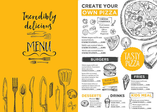 Restaurant cafe menu, template design. Menu placemat food restaurant brochure, menu template design. Vintage creative dinner template with hand-drawn graphic. Vector food menu flyer. Gourmet menu board. chalkboard menu template stock illustrations