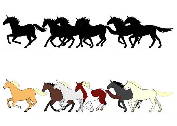 Vector illustration of running horses group set