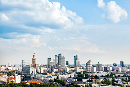 Panorama of Warsaw city center at sunny afternoon.