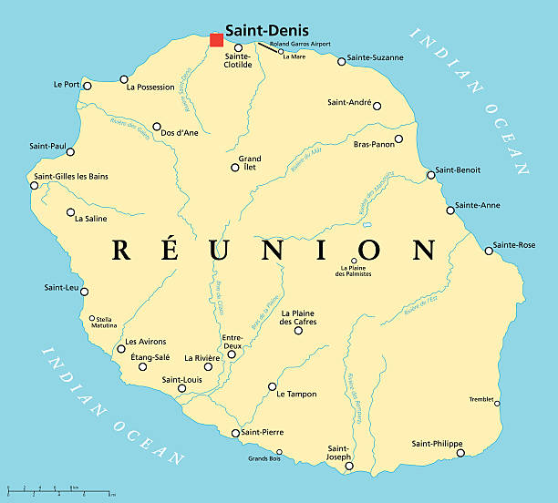 Reunion Political Map Reunion Political Map with prefecture Saint-Denis, important cities and rivers. English labeling and scaling. Illustration. reunion stock illustrations