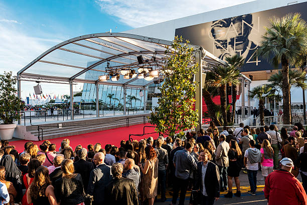 Cannes Film Festival Cannes, France - May 24, 2014: Great Auditorium of the exit door at Cannes in France, the famous red carpeted stairs and crowd of people waiting at the gate output. 2014 photos stock pictures, royalty-free photos & images