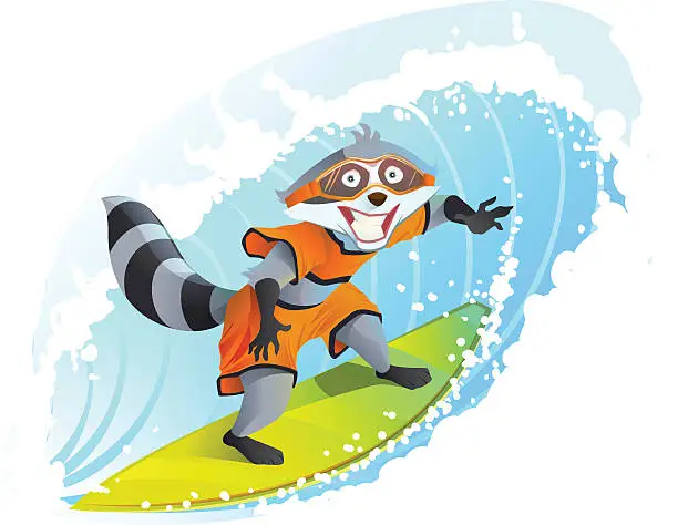 Vector illustration of Joyful surfer raccoon. Summer holidays at sea. Animal surfboarder