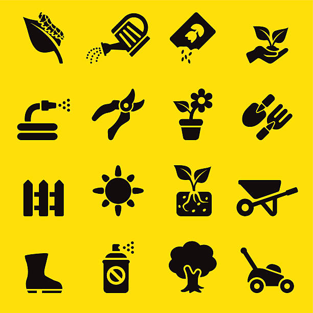 ilustrações de stock, clip art, desenhos animados e ícones de ícones de jardinagem/eps10 silhueta amarelo - shovel trowel dirt plant