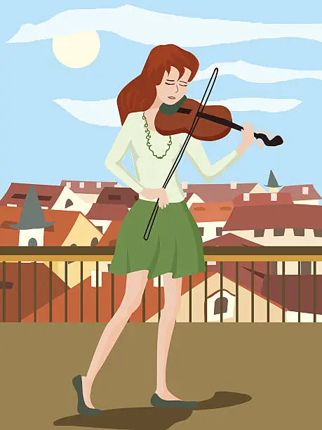 Vector illustration of girl playing violin on the roof