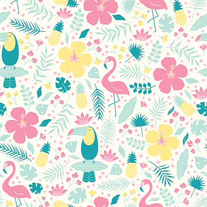 Birds, flamingo, toucan, flowers, pineapples in the jungle
