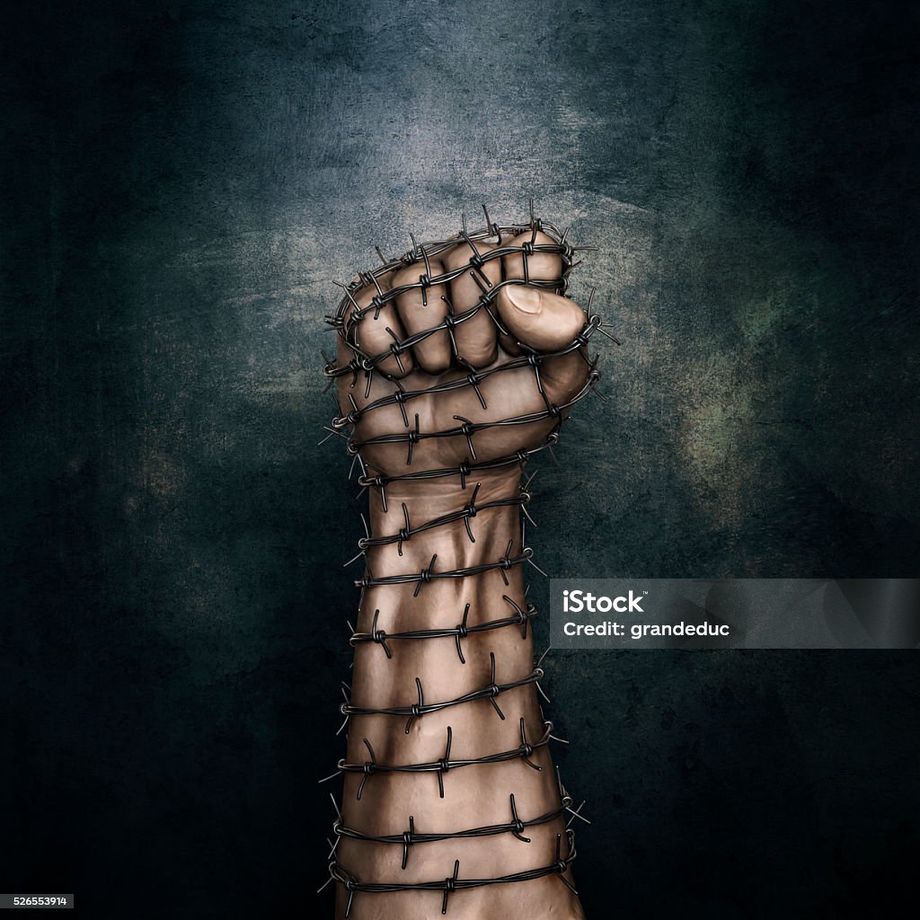 Barbed wire fist 3D illustration of grungy raised fist wrapped in barbed wire against dark stone background Prison Stock Photo