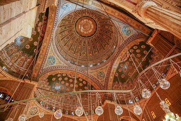 landmark of ceiling interior of muslim Ottoman Mosque of Muhammad Ali, public monument also named Alabaster Mosque, from year 1848, in Saladin old town in Cairo city Egypt, Africa