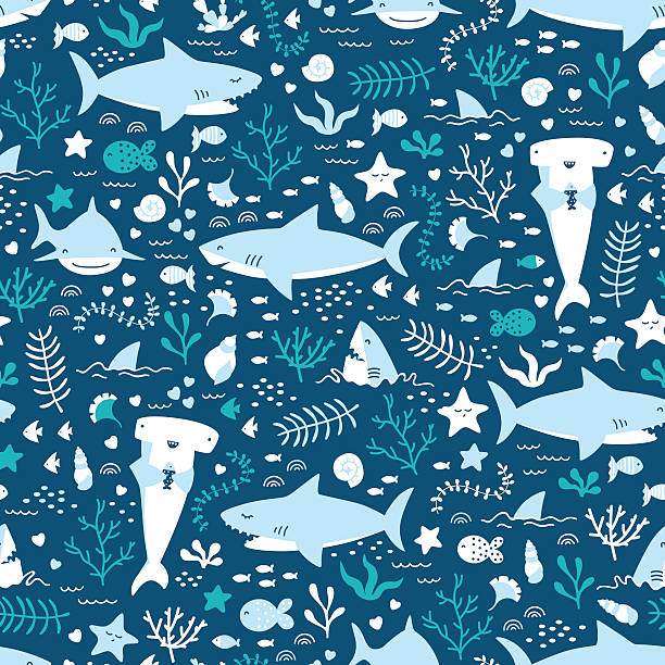 stockillustraties, clipart, cartoons en iconen met vector seamless underwater pattern with cute sharks - toy shark