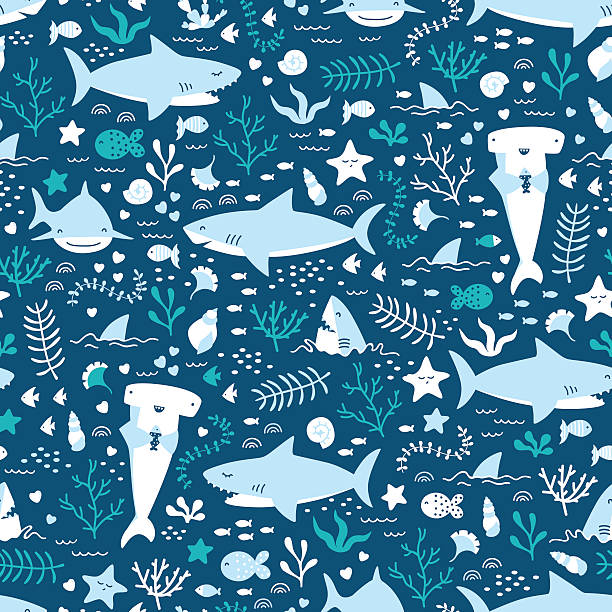 ilustrações, clipart, desenhos animados e ícones de vetor sem costura padrão bonito debaixo d'água com tubarões - vector reef coral shark
