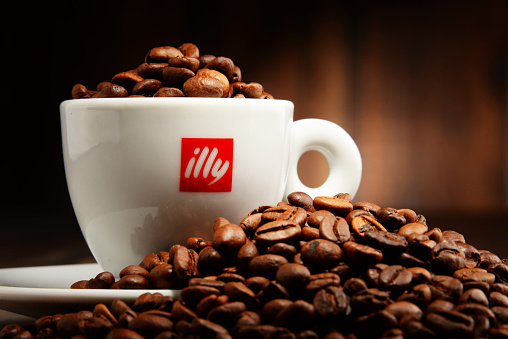 Poznan, Poland - April 29, 2016: Illy is an Italian coffee roasting company that specializes in the production of espresso. Founded by Francesco Illy in 1933.