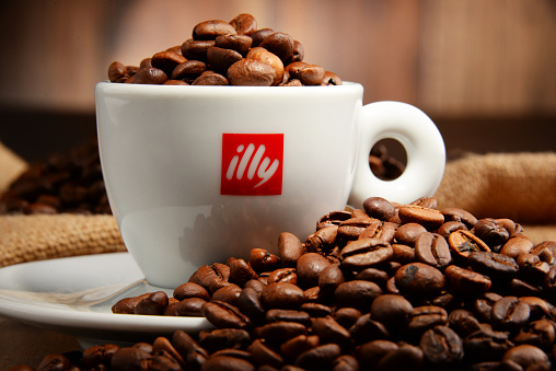 Poznan, Poland - April 29, 2016: Illy is an Italian coffee roasting company that specializes in the production of espresso. Founded by Francesco Illy in 1933.