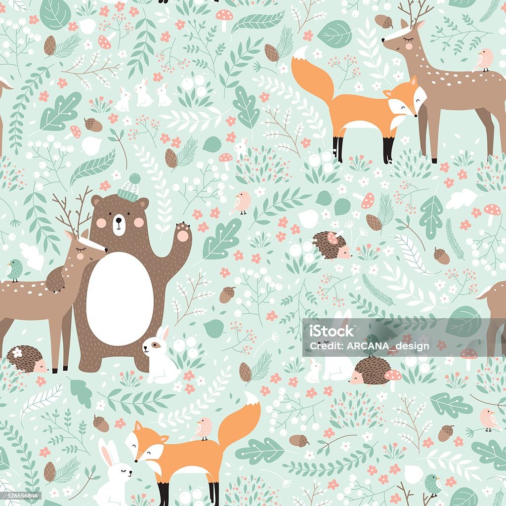 Vector de patrón continuo, el bosque de ilustraciones de animales. - arte vectorial de Animal libre de derechos