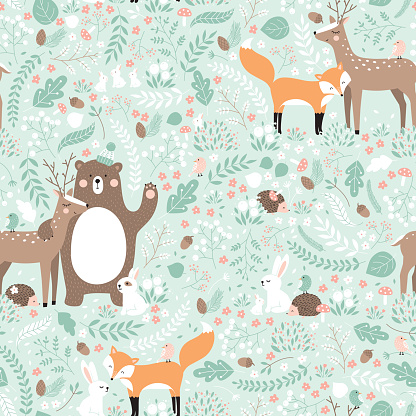 Forest friends, bear, deer, fox, rabbit, bird, hedgehog.