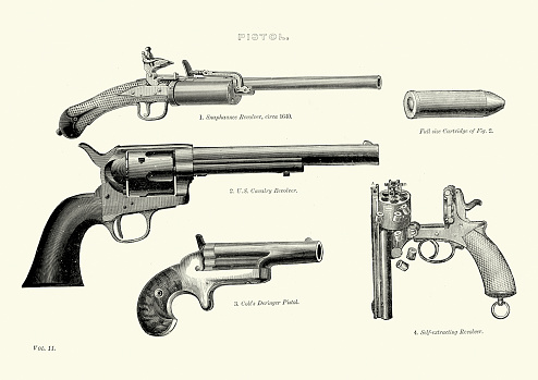 Vintage engraving of vintage pistols. Snaphaunce revolver, c.1640. U.S Cavalry Revolver. Colt's Deriager Pistol and the Self extracting revolver.