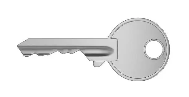 One Single Metal Key Isolated on White Background 3D Illustration