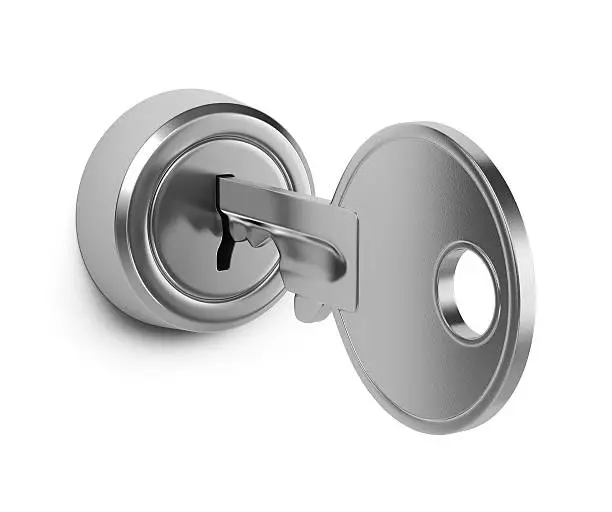 One Single Metal Key Inserted in a Door Lock on White Background 3D Illustration