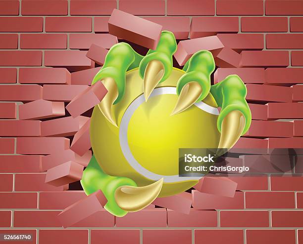 Claw With Tennis Ball Breaking Through Brick Wall Stock Illustration - Download Image Now - Animal, Animal Body Part, Animal Hand