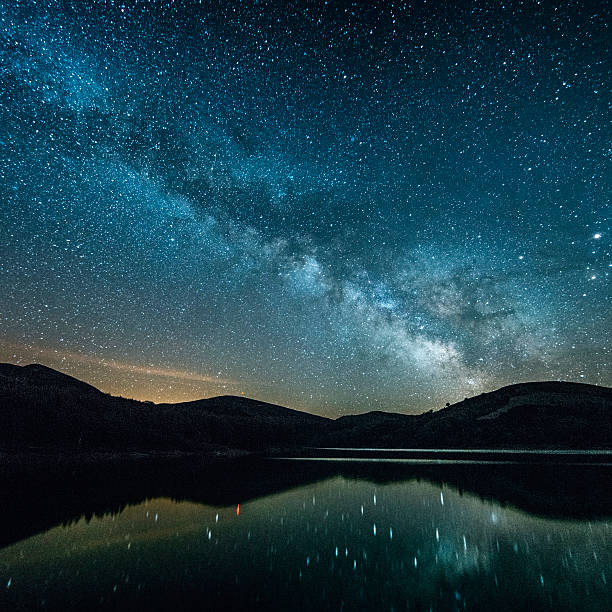 Milky way. The milky way and its reflection on a northern Spanish lake. capricorn photos stock pictures, royalty-free photos & images