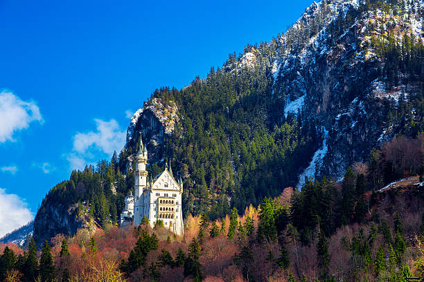 Neuschwanstein Castle in winter landscape, Fussen, Germany Schwangau, Germany - March 26, 2016: Neuschwanstein Castle in winter landscape, Fussen, Germany forggensee lake photos stock pictures, royalty-free photos & images
