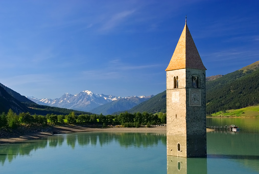Reschensee with church in South Tyrol