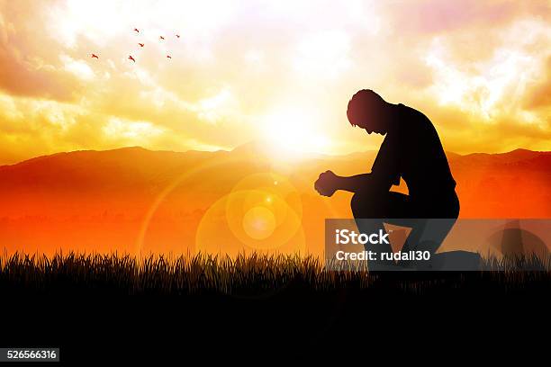 Morning Pray At Beautiful Landscape Stock Photo - Download Image Now - Praying, Kneeling, Men