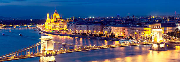 View of Chain Bridge and Parliament in Budapest at dusk Panoramic view of the Hungarian Parliament Building and the Szechenyi Chain Bridge in Budapest at dusk. Composiet of 2 images. margitsziget stock pictures, royalty-free photos & images