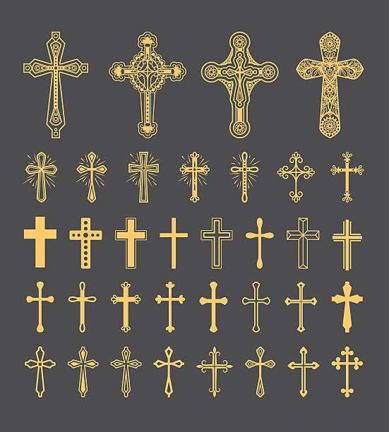 ilustraciones, imágenes clip art, dibujos animados e iconos de stock de conjunto de iconos de vector de cruz - jesus christ illustrations