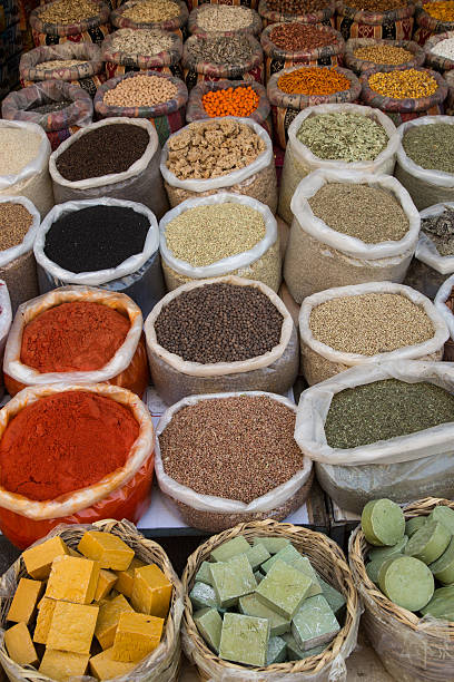 spices and soaps fresh herbs and spices and natural soaps for sale in the market of Midyat, Turkey midyat photos stock pictures, royalty-free photos & images
