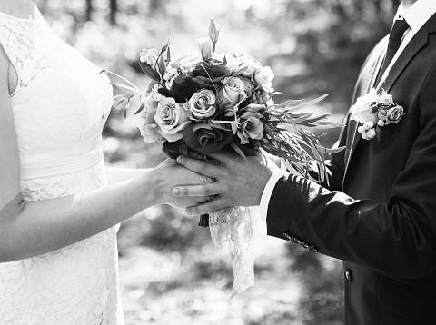 Groom and bride together. Wedding couple. Black and white photo