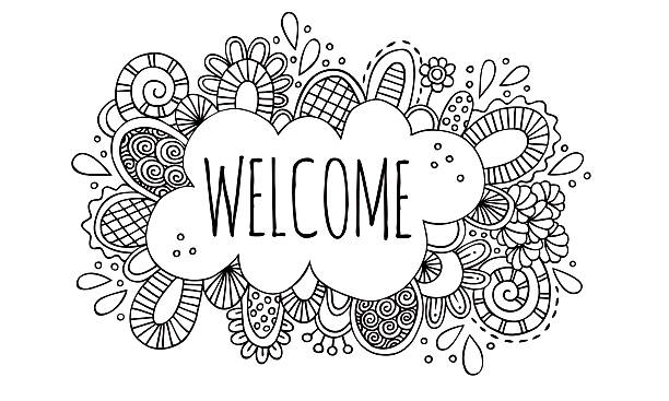 ilustraciones, imágenes clip art, dibujos animados e iconos de stock de bienvenido dibujado a mano garabatos ilustración de vectores - line art welcome sign white black