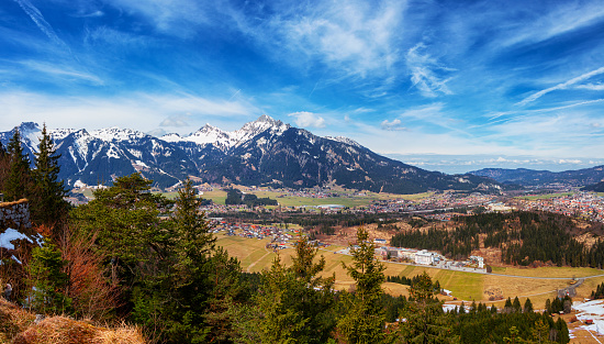 Panoramic view of Reutte with Alps and clouds, high resolution image. Alps, Tyrol, Austria.