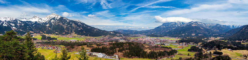 Panoramic view of Reutte with Alps and clouds, high resolution image. Alps, Tyrol, Austria.