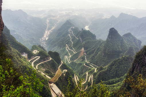 the view of tianmen mountain winding road from the tianmen national park walkways. Taken in zhangjiajie, hunan province, china