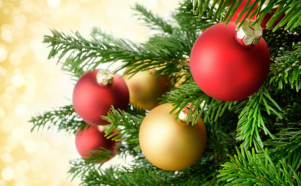 istock Christmas baubles on lush fir branches 526570839