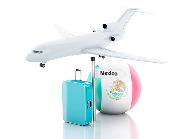 istock Travel concept. Suitcase, plane and Mexico flag icon. 3d illu 526571501